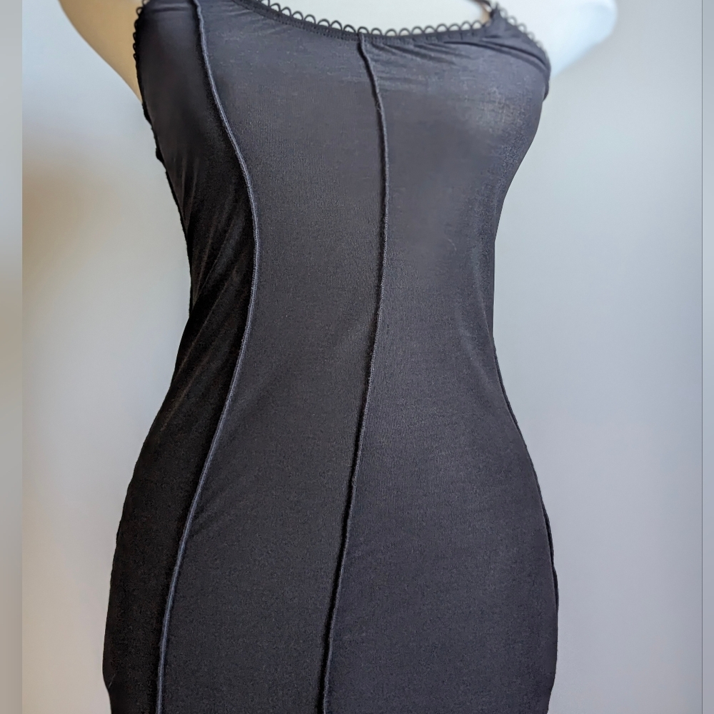 Y2K Black Halter Neck Midi Dress Strap 2000s Bodycon Party Cocktail Raw Edge - Picture 7 of 15